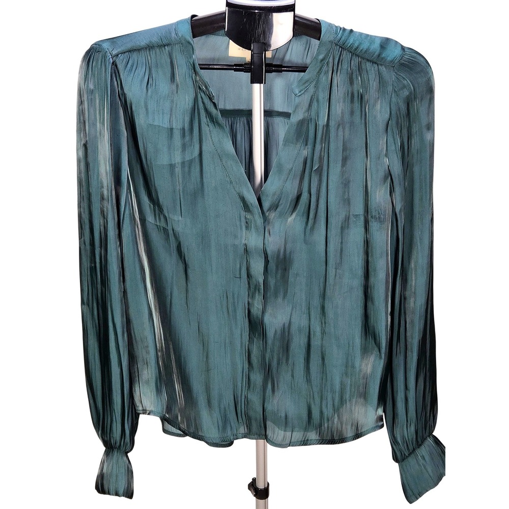 Women's Melloday Large Teal Pleated Satin V-Neck Shimmer Blouse Dark Romantic